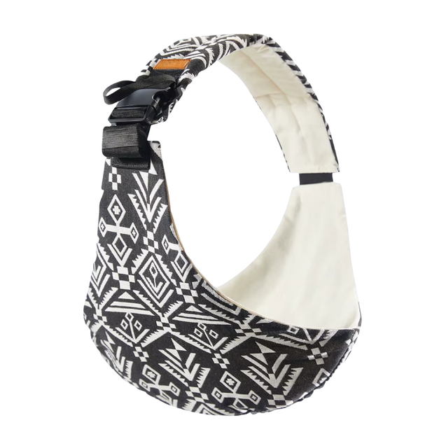 baby sling with black and white pattern on a white background