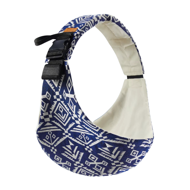 Blue and white patterned baby sling on a white background