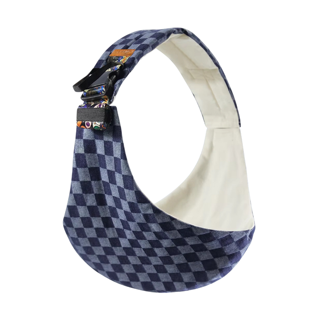 Blue checkered baby sling on a white background